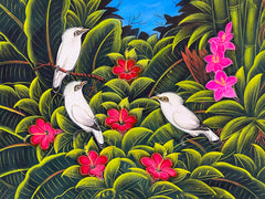 Balinese Canvas Tropical Bird Painting w/Bali Carved Frame - Bali Painting