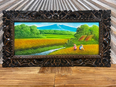 Balinese Canvas Rice Farmer Painting w/Bali Carved Frame - Bali Painting