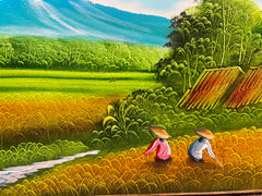 Balinese Canvas Rice Farmer Painting w/Bali Carved Frame - Bali Painting