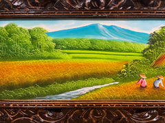 Balinese Canvas Rice Farmer Painting w/Bali Carved Frame - Bali Painting