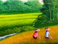 Balinese Canvas Rice Farmer Painting w/Bali Carved Frame - Bali Painting