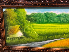Balinese Canvas Rice Farmer Painting w/Bali Carved Frame - Bali Painting