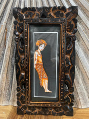 Balinese Traditional Painting w/Bali Carved Frame - Traditional Bali Painting