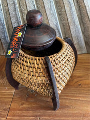 NEW Balinese Hand Woven Rattan w/wood combo Basket w/lid - Bali Basket on Stand