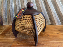 NEW Balinese Hand Woven Rattan w/wood combo Basket w/lid - Bali Basket on Stand
