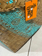 NEW Balinese Hand Woven Bamboo w/Hand Painted Mandala Trim Open Basket LARGE