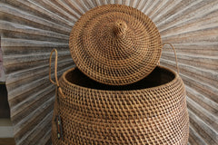 NEW Balinese Hand Woven Rattan Basket with Lid & Decor Handles