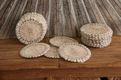NEW Bali Woven Rattan Coasters w/Shell Trim - Balinese Coasters w/Shells 1 Pce