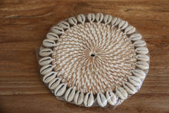 NEW Bali Woven Rattan Coasters w/Shell Trim - Balinese Coasters w/Shells 1 Pce