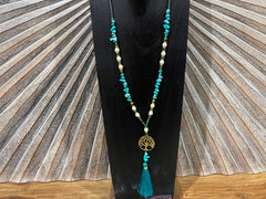 NEW Hand Crafted Balinese Bead, Turquoise Chip & Tree of Life Necklace w/Tassel