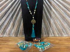 NEW Hand Crafted Balinese Bead, Turquoise Chip & Tree of Life Necklace w/Tassel