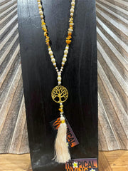 NEW Hand Crafted Balinese Bead, Stone Chip & Tree of Life Necklace w/Tassel