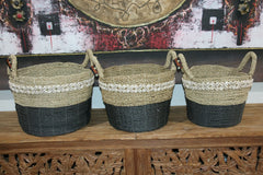 NEW Balinese BOHO Hand Crafted Seagrass Open Basket w/Shell Trim - 3 Sizes Avail
