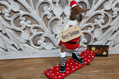 NEW Balinese Hand Carved Wooden Santa Duck - Bali Christmas Skateboarding Duck