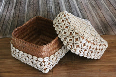 New Balinese Hand Woven Basket w/Lid encrusted Shell - Bali Shell Basket