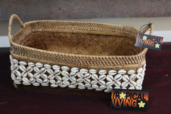 NEW Balinese Hand Woven Bamboo w/Rattan & Shell Trim Open Basket