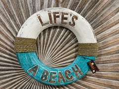 NEW Balinese Timber Life Buoy LEFE'S A BEACH Sign - Bali Beach Life Buoy