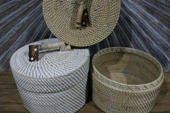 New Balinese Hand Woven Basket w/Lid / Hat Box Style Rattan Basket w/lid handle
