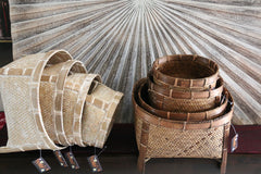 NEW BALINESE HAND WOVEN CANE OPEN BASKET ON LEGS - X Large