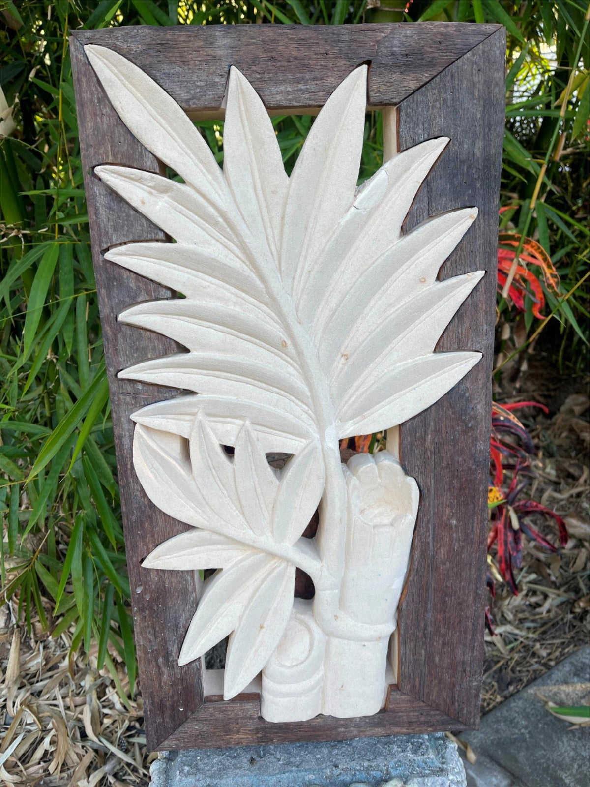 NEW Balinese Hand Carved & Crafted Limestone Panel w/Recycled Timber Frame 33x63