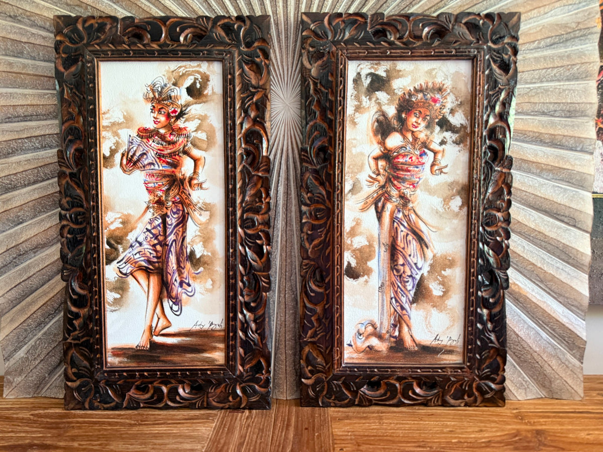 Set of 2 Framed Balinese Legong Dance Paintings - Traditional Balinese Paintings