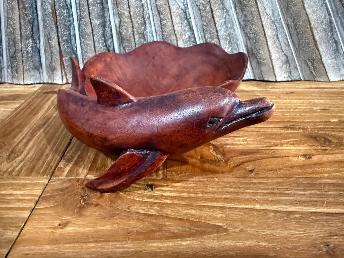 NEW Balinese Hand Carved Suar Wood Dolphin Bowl - Bali Carved Dolphin Bowl 20cm