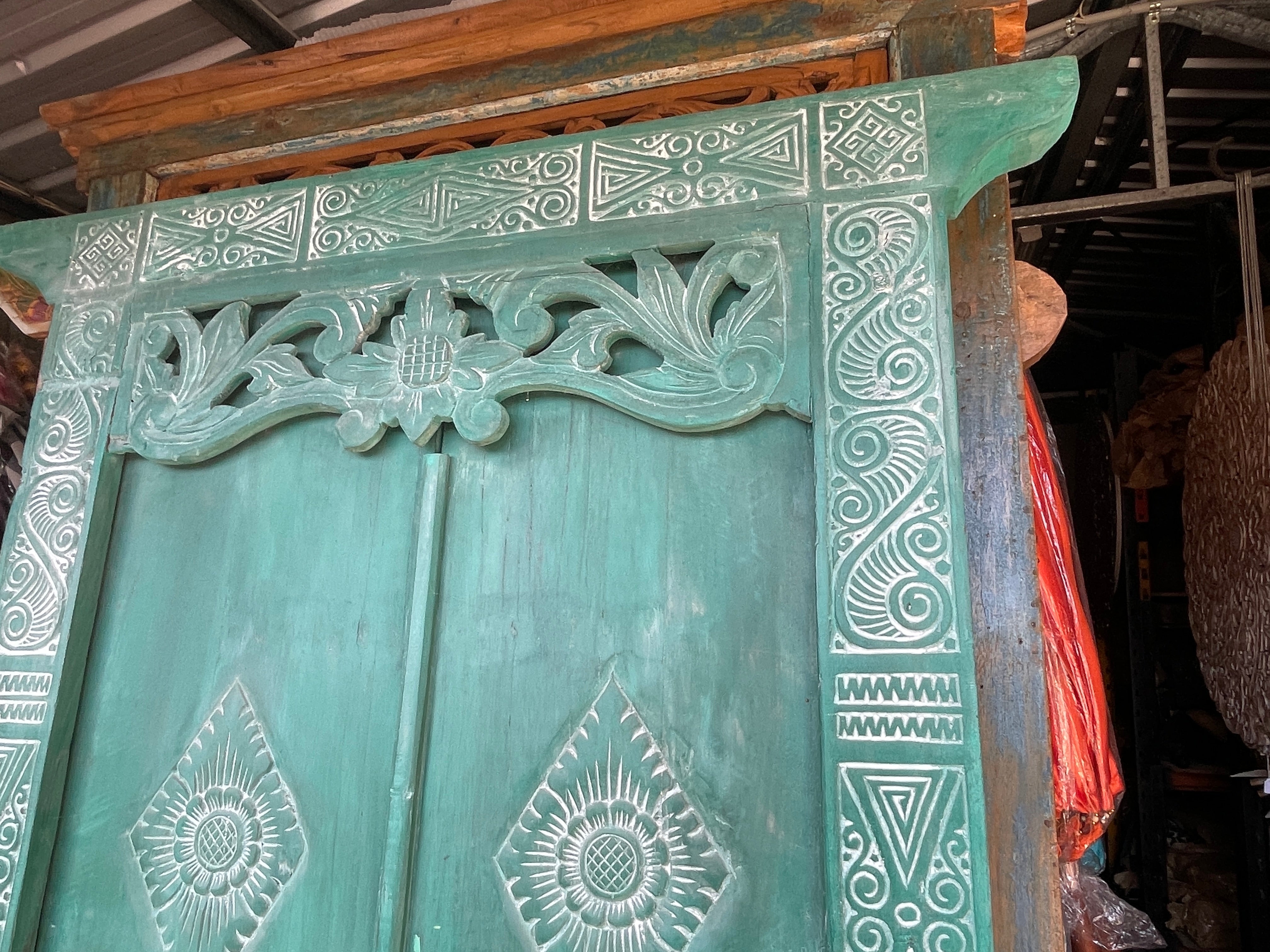 Authentic Balinese Teak Doors in Frame - Hand Carved Recycled Teak Bali Doors