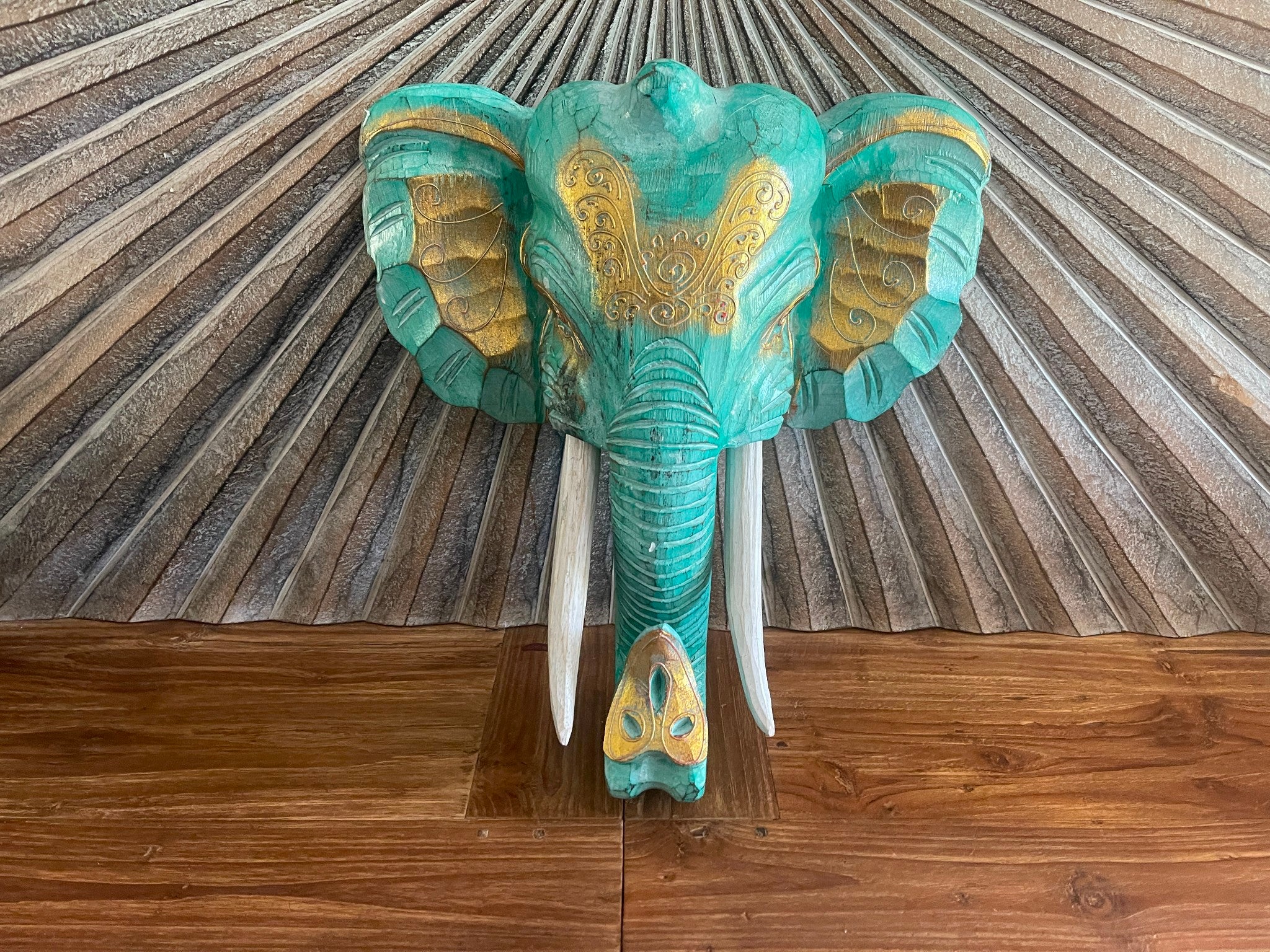 NEW Balinese Hand Carved Wooden Elephant Head Wall Art - Bali Elephant Art