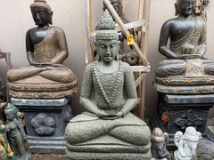 Hand Carved Greenstone Balinese Buddha Statue w/Batik Cloak - Bali Buddha Statue