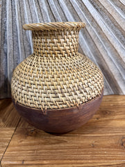 NEW BALINESE HAND CRAFTED WOOD/RATTAN COMBO Ball Vase - Small