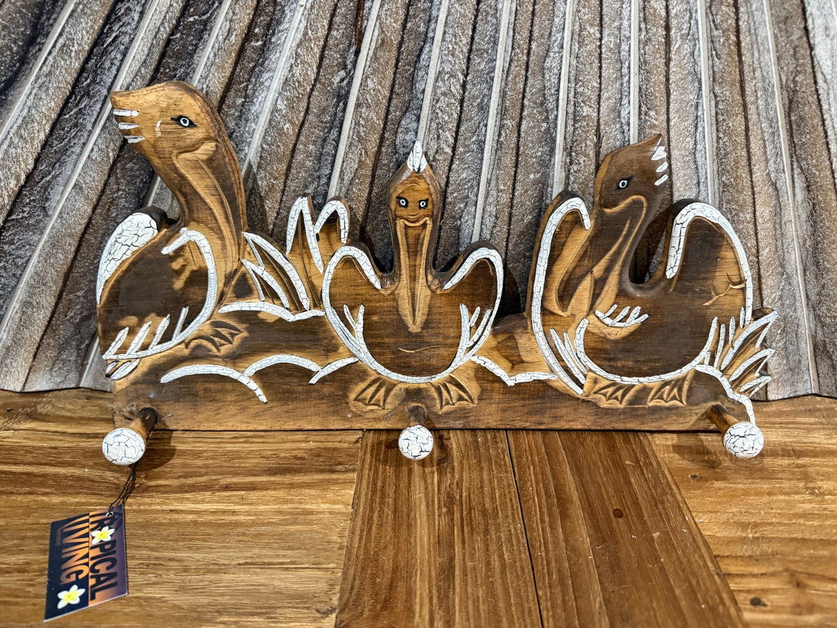 NEW Balinese Timber 3 Peg PELICAN Hanger - Nautical Style 3 Peg Hanger