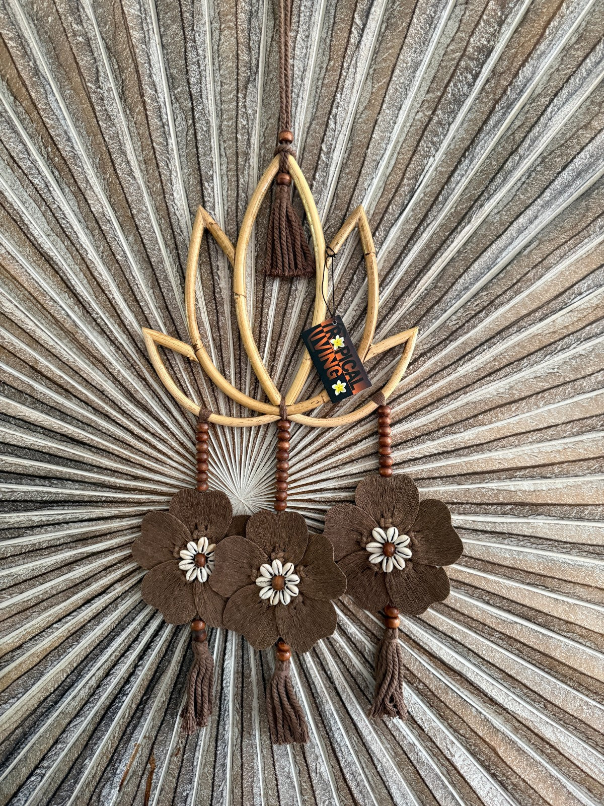 Balinese Handmade Bamboo Lotus Wall Art w/Bead & Flower Trim - Bali Lotus Art