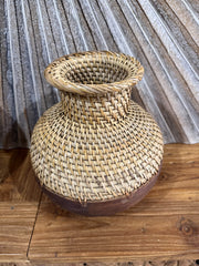 NEW BALINESE HAND CRAFTED WOOD/RATTAN COMBO Ball Vase - Small