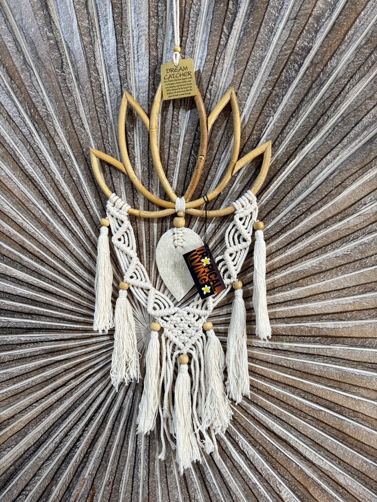 Balinese Hand Crafted Bamboo Lotus Wall Art w/Macrame Trim - Bali Lotus Art Sm