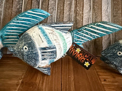 NEW Balinese Hand Carved Wooden Set 3 Fish Family Sculptures - Bali Gold Fish