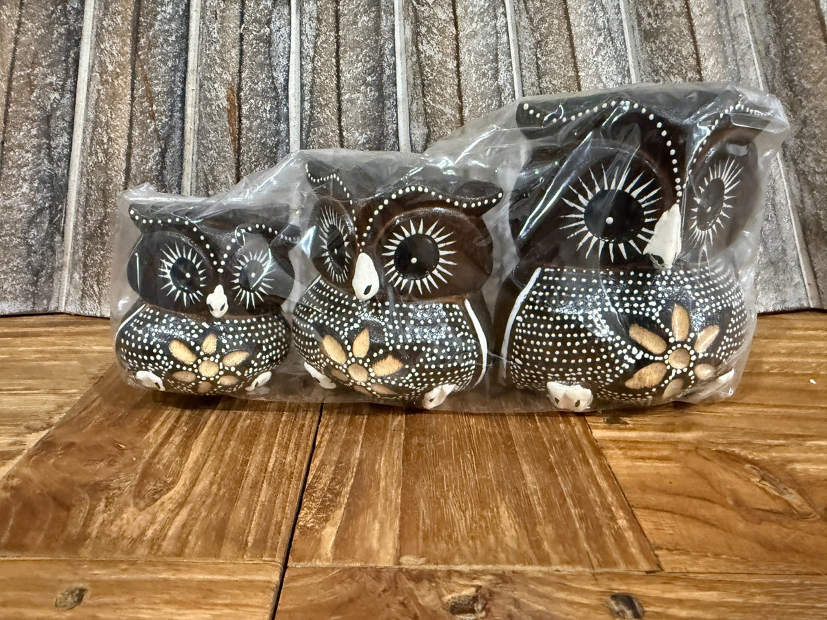 Balinese Hand Carved Set 3 Wooden Owls - Bali Wood Carved Owl Set of 3