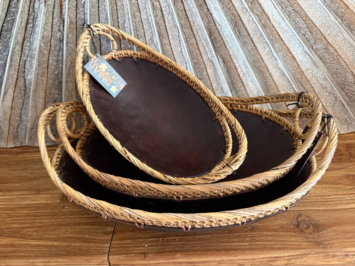 NEW BALINESE HAND CRAFTED WOOD/RATTAN COMBO BOWL OVAL 3 sizes