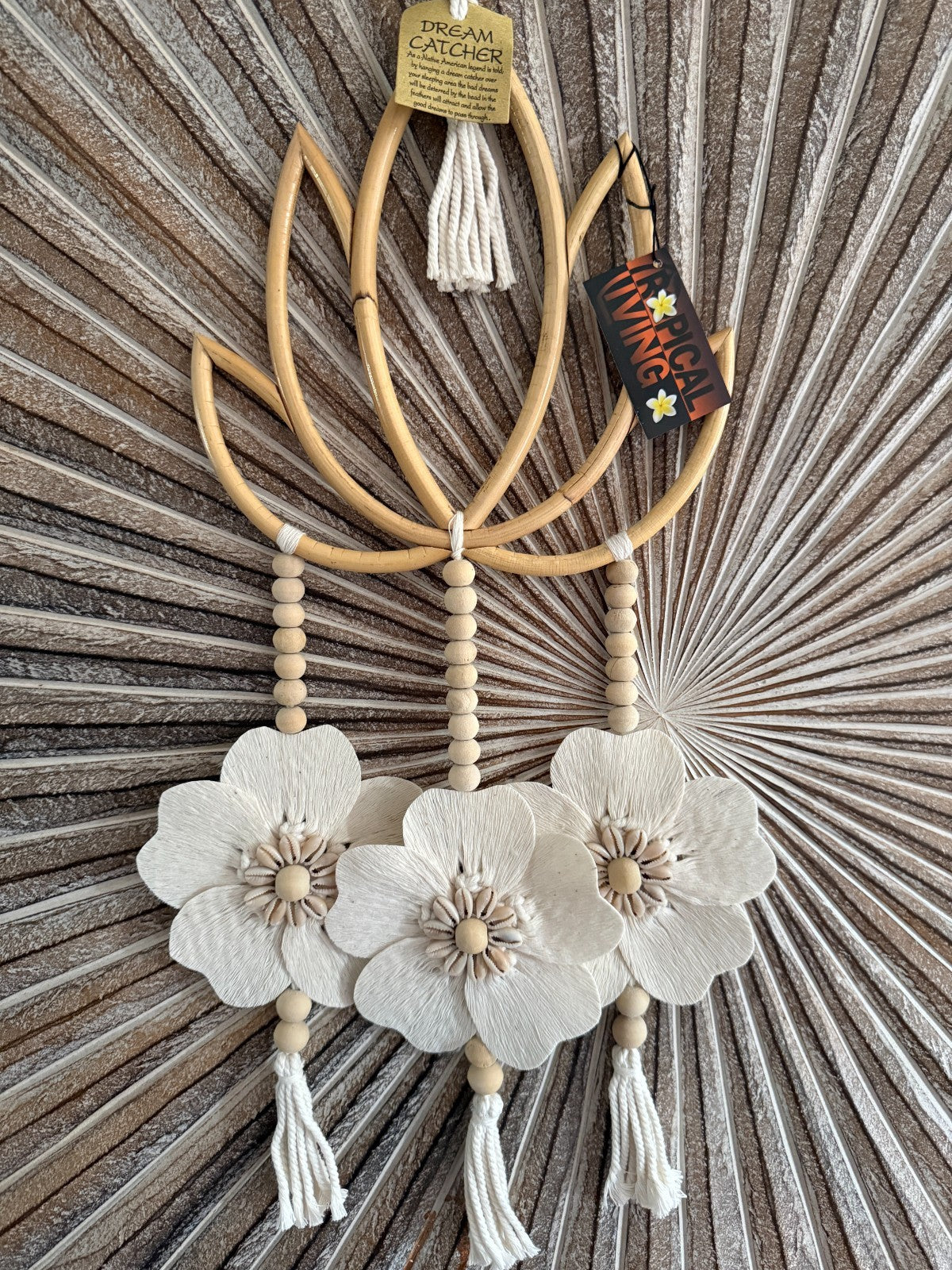 Balinese Handmade Bamboo Lotus Wall Art w/Bead & Flower Trim - Bali Lotus Art
