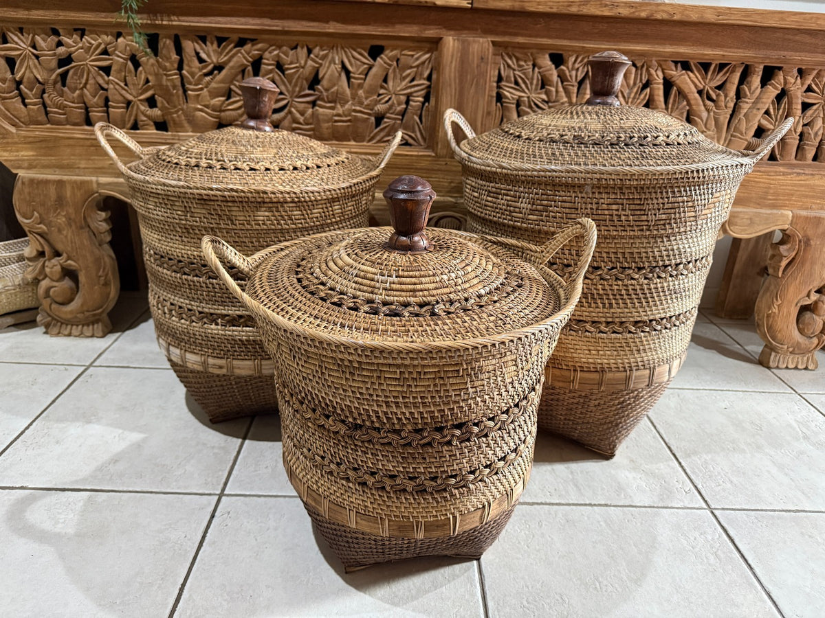 Balinese Hand Woven Rattan Laundry Basket w/Lid  - 3 Sizes - Clothes Basket