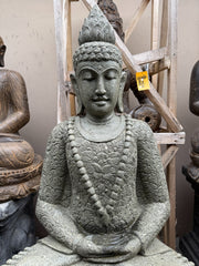 Hand Carved Greenstone Balinese Buddha Statue w/Batik Cloak - Bali Buddha Statue