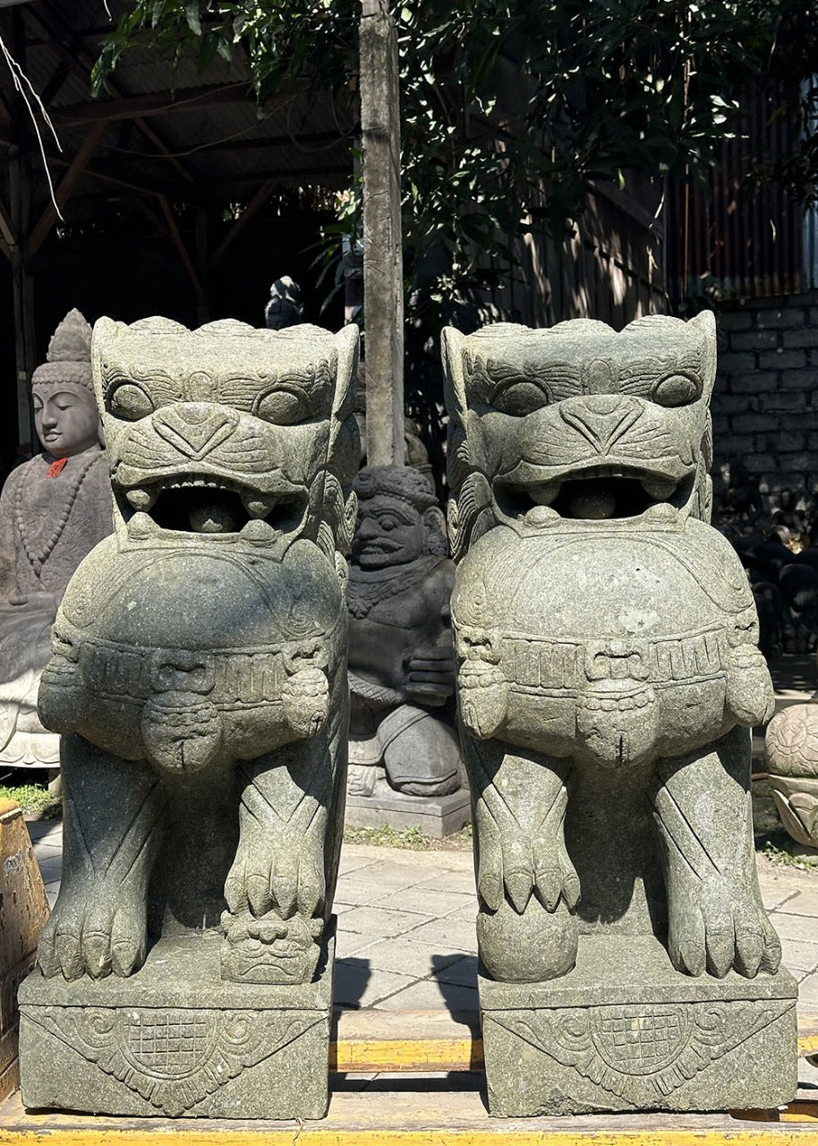 NEW Balinese Quality Hand Carved Set 2 Greenstone Foo Dogs - Bali Foo Dog Statue