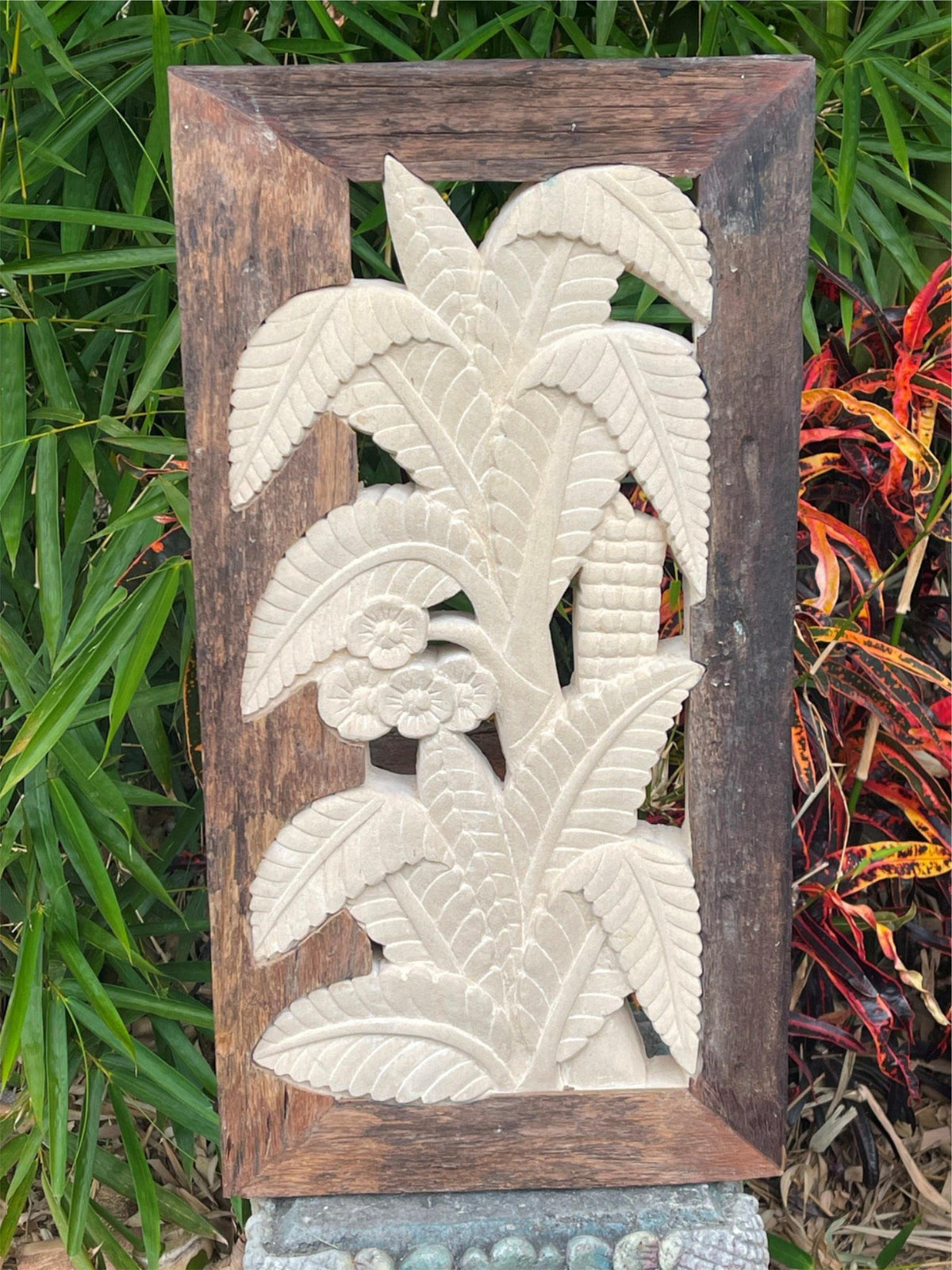 NEW Balinese Hand Carved & Crafted Limestone Panel w/Recycled Timber Frame 33x63