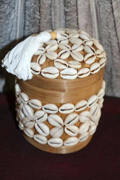 Balinese Hand Woven Basket w/Lid Encrusted with Shell - Bali Shell Trim Basket