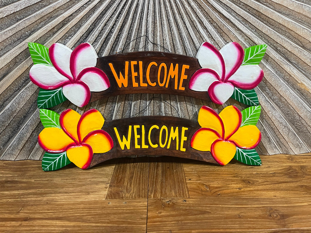 NEW Balinese Timber Hand Crafted Frangipani WELCOME Sign - Bali Welcome Sign