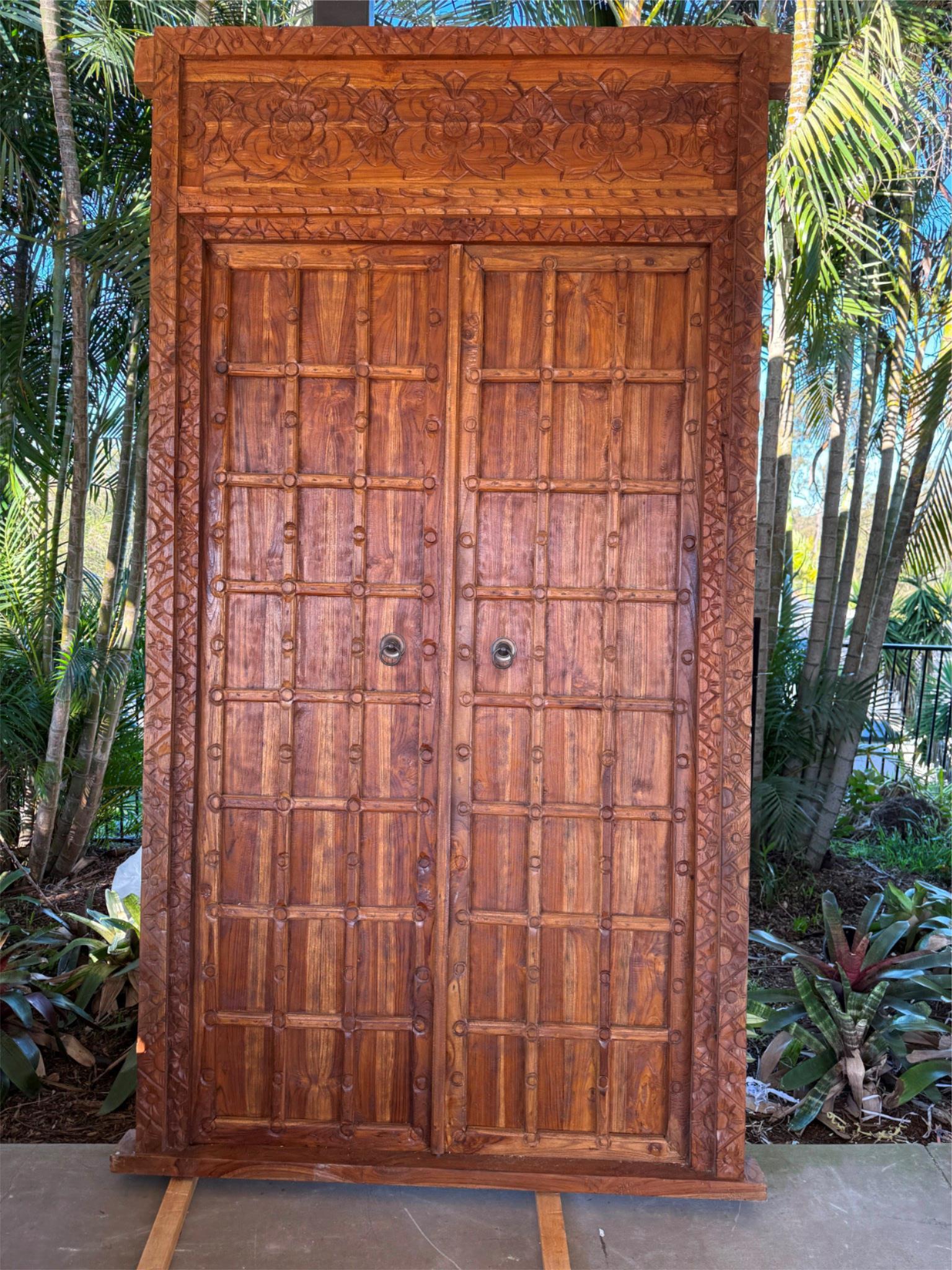 Authentic Balinese Teak Doors in Frame - Hand Carved Recycled Teak Bali Doors