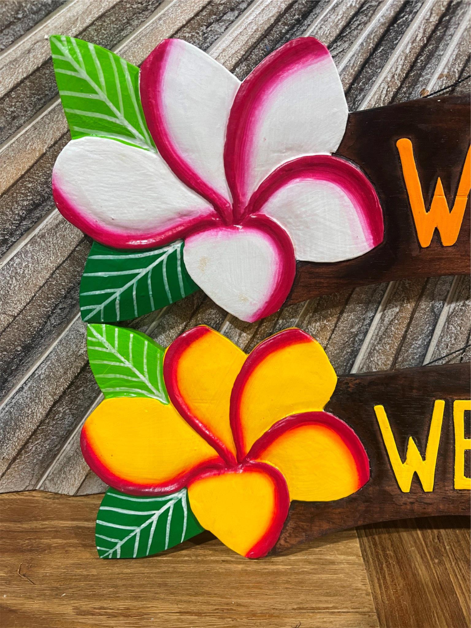 NEW Balinese Timber Hand Crafted Frangipani WELCOME Sign - Bali Welcome Sign