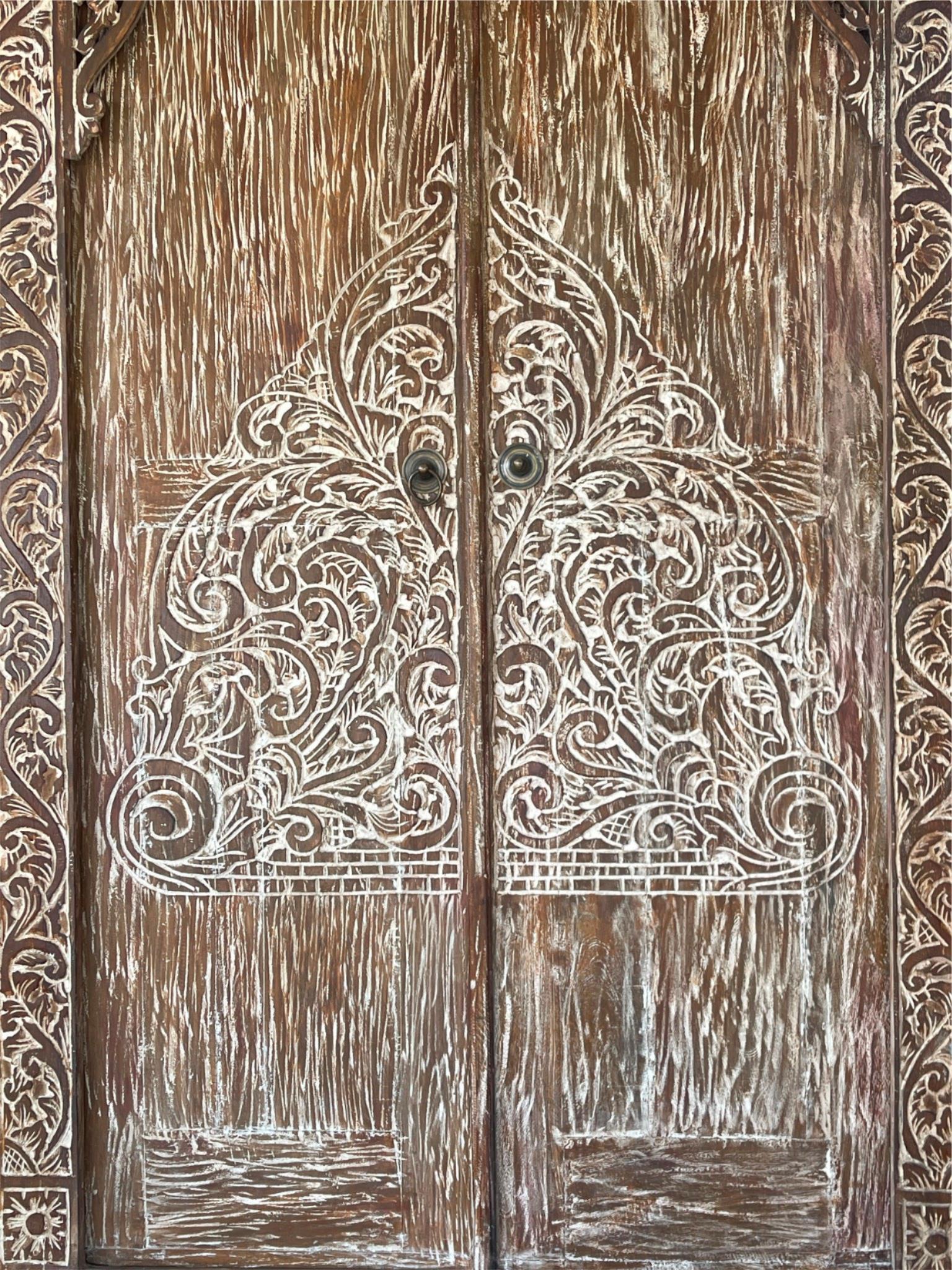 Authentic Balinese Teak Doors in Frame - Hand Carved Recycled Teak Bali Doors