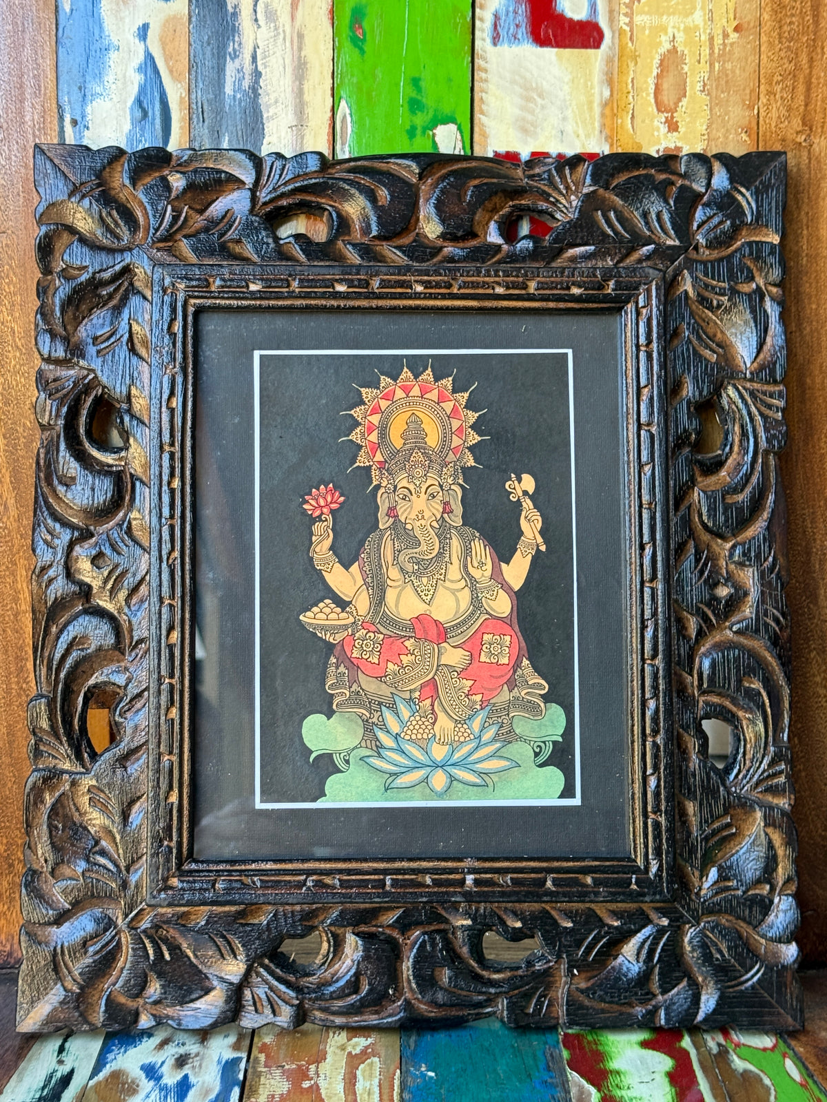 Balinese Traditional Painting w/Bali Carved Frame - Traditional Ganesha Painting