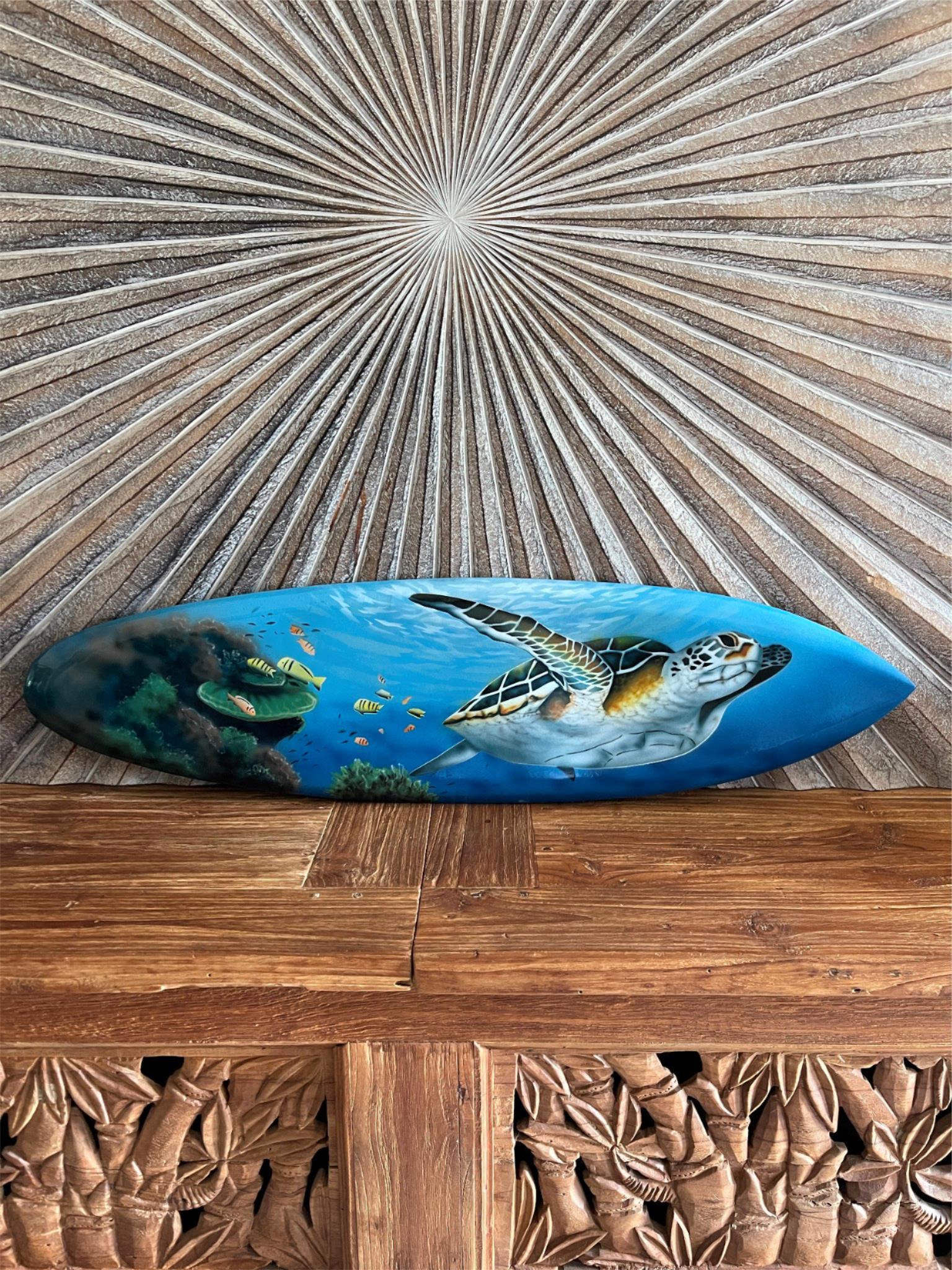 Bali Air Brushed Surfboard w/Turtle Wall Decor 80cm - Bali Surfboard Wall Art