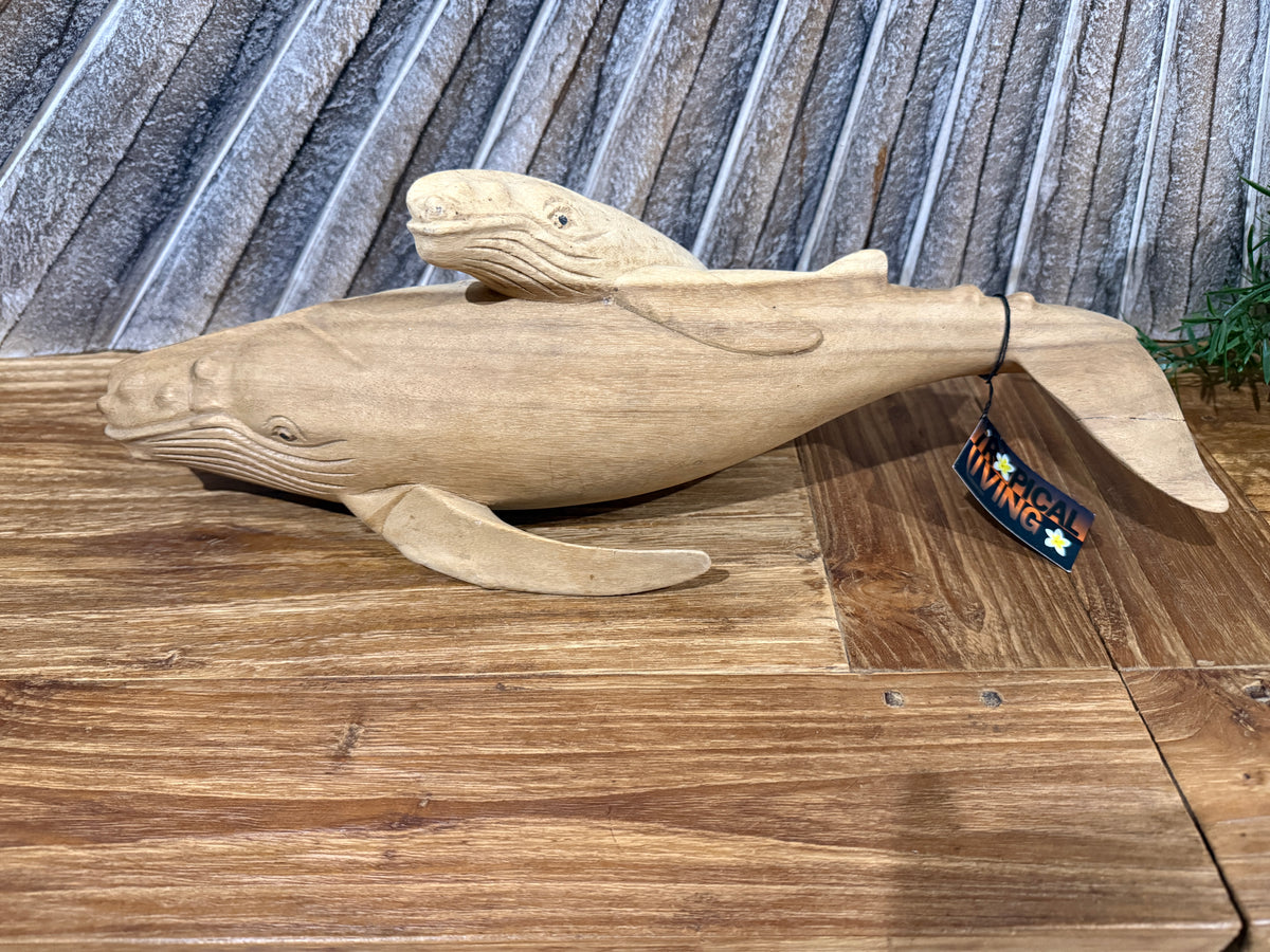 Balinese Hand Carved Suar Wood Whale Sculpture  - Wood Carved Whale w/calf